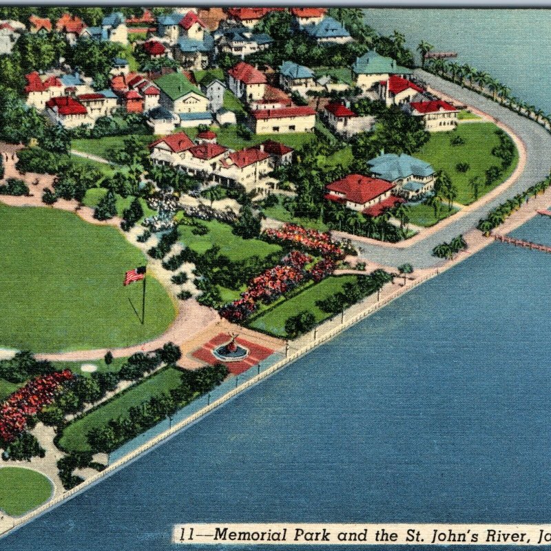 c1930s Jacksonville, FL Memorial Park St. John's River Birds Eye PC WWI War A291