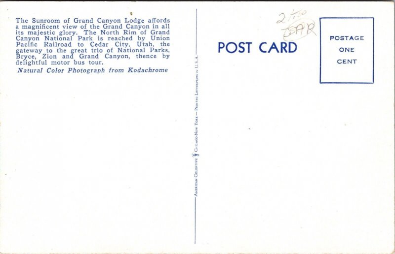 Sunroom Grand Canyon Lodge N Rim National Park Postcard VTG UNP Vintage Unused 