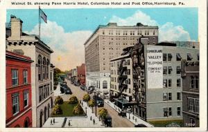 Walnut Street Penn Harris Hotel Columbus Hotel Harrisburg PA Vtg Postcard M24