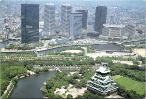 CONTINENTAL SIZE POSTCARD AERIAL VIEW OSAKA CASTLE & OSAKA BUSINESS PARK JAPAN