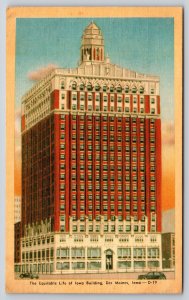 Des Moines Iowa~Equitable Life Of Iowa Bldg~c1940s Autos~PM 1947 Linen Postcard
