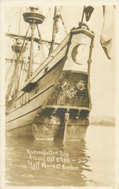Hudson Fulton Day Albany October 8th 1909 Half Moon vessel ship at Anchor RPPC