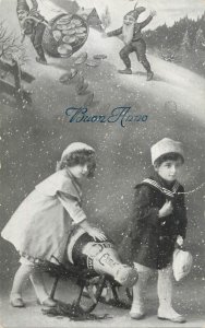 New Year 1915 greetings children couple sledge champagne luck dwarfs money bag