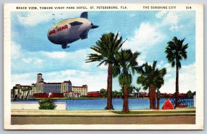 St Petersburg FL~Beach View~Vinoy Park Hotel~Goodyear Blimp~Linen 1935 Postcard