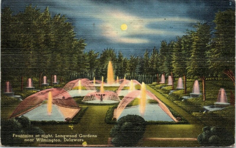 postcard Wilmington, Delaware - Fountains at Night, Longwood Gardens