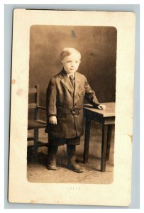 Vintage 1920's RPPC Postcard Photo of Young Boy Next to School Desk
