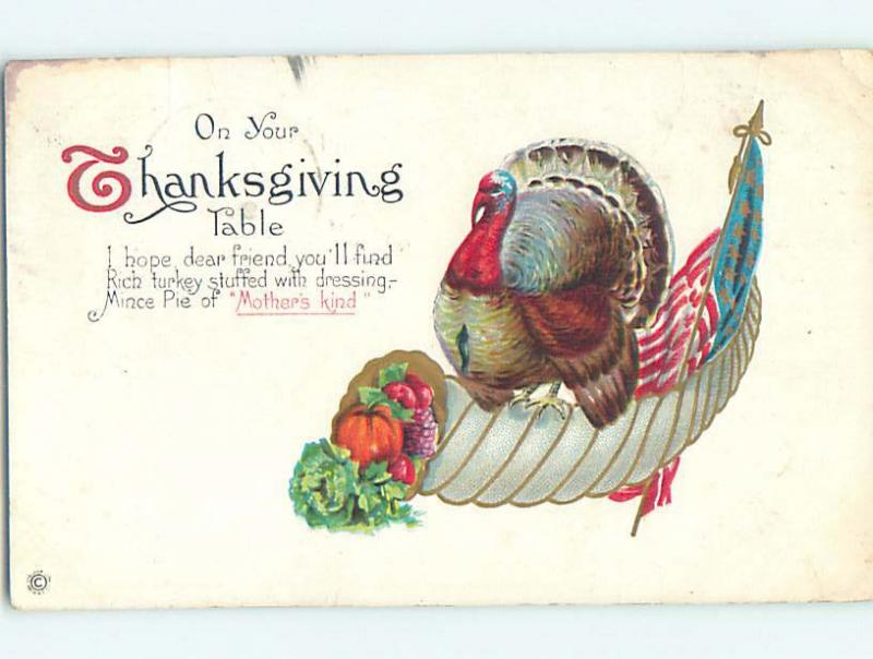 Pre-Linen patriotic thanksgiving USA FLAG AND TURKEY ON HORN OF PLENTY HJ2983