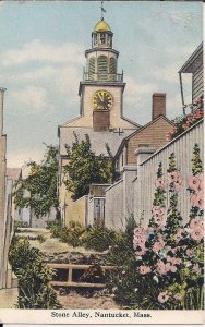 Nantucket MA, Stone Alley View, Unitarian Church Steeple w Clock, 1910 Teich