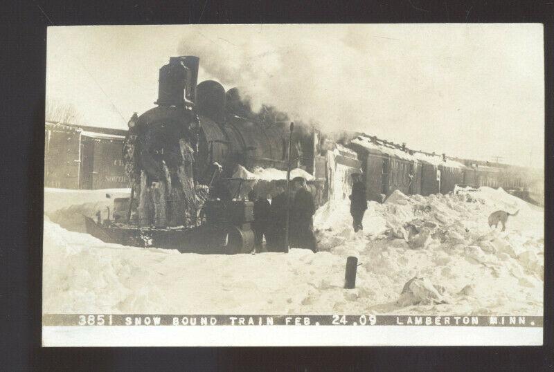 RPPC LAMBERTON IOWA SNOW BOUND RAILROAD TRAIN 1907 REAL PHOTO POSTCARD