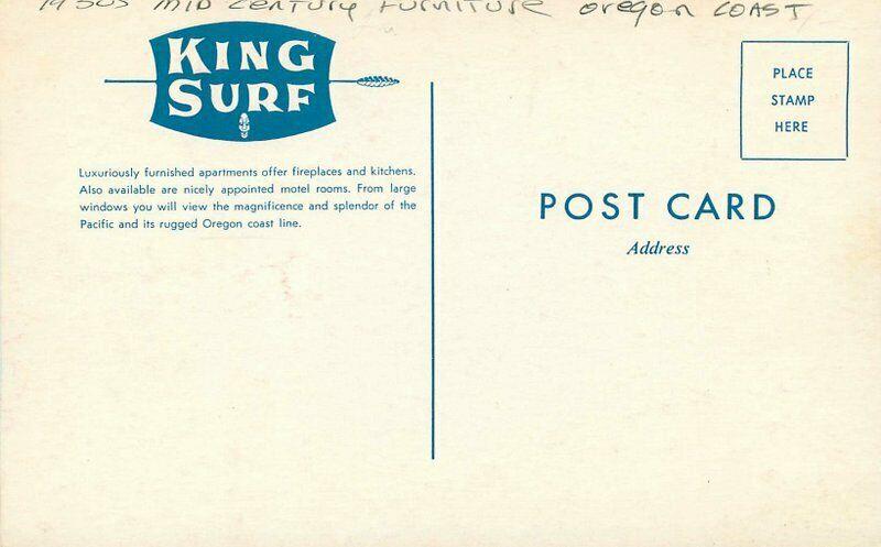 King Surf Apartments Mid Century Furniture Oregon Coast 1950s Postcard 5620