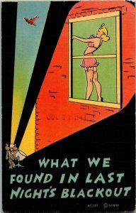 WWII Army Comic Girl in Undies, Last Night's Blackout Spotlight Postcard F28