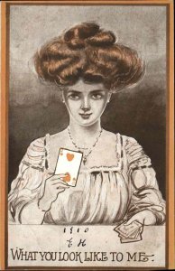 Playing Cards Romance Beautiful Woman Two of Hearts c1910 Vintage Postcard