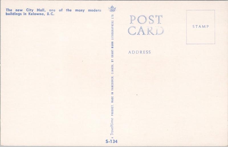 Kelowna BC City Hall Unused Vintage Postcard D65