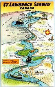 Illustrated Map Postcard ST. LAWRENCE SEAWAY, CANADA  Great Graphics ca 1960s