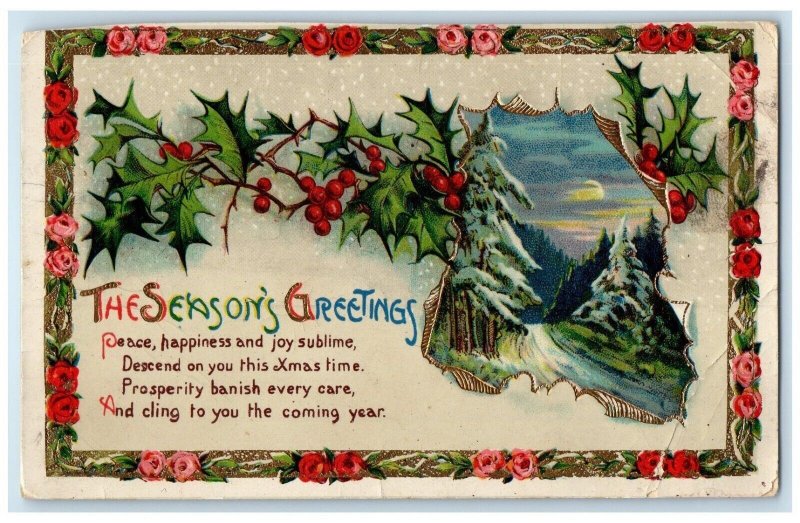 1915 Christmas Greetings Berries Embossed Dartmouth Nova Scotia NS Postcard