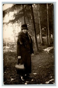 Vintage 1900's RPPC Postcard Finely Dressed Woman Countryside Portrait