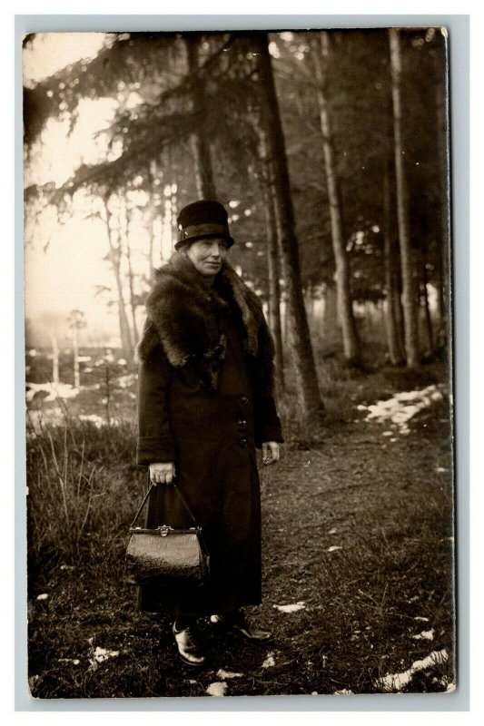 Vintage 1900's RPPC Postcard Finely Dressed Woman Countryside Portrait