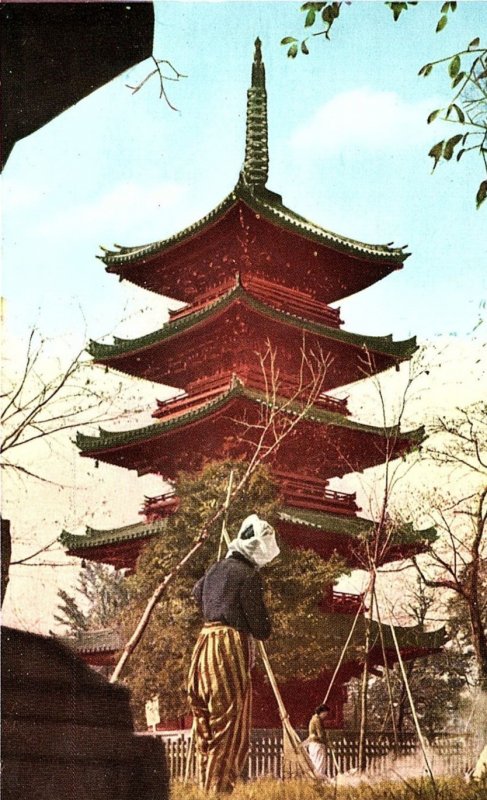 1930s TOKYO JAPAN UENO PARK OLD MAID CLEARING LEAVES JAPANESE POSTCARD P1527