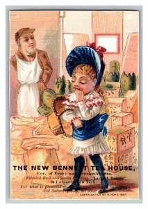 1882 Girl With Basket New Bennett Tea House New York Victorian Trade Card tc877