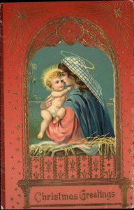 Christmas Nativity Scene Baby Jesus Mary Gilt Embossed c1900s-10s Postcard