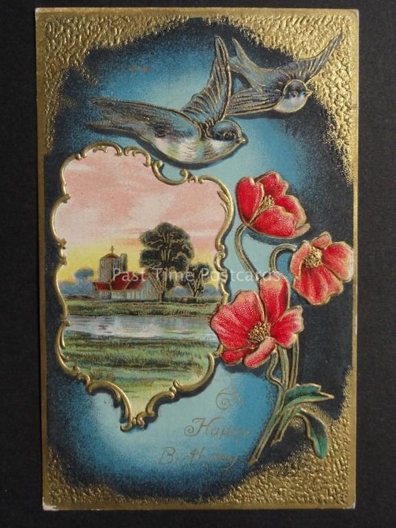 Embossed Poppies & Blue Birds: A Happy Birthday - Old Postcard