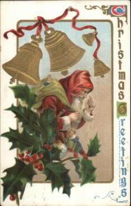 Christmas - Santa Claus Red Hood - Gold Bells c1910 Postcard