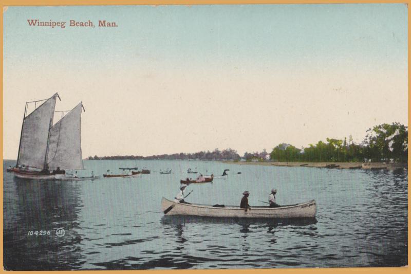 Winnipeg Beach, Manitoba - Sail boat & Row Boats along the shore - 