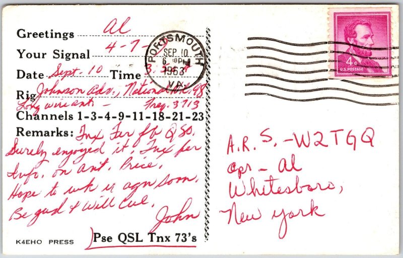 1963 QSL Radio Card WN4OLN Portsmouth VA Amateur Radio Station Posted Postcard