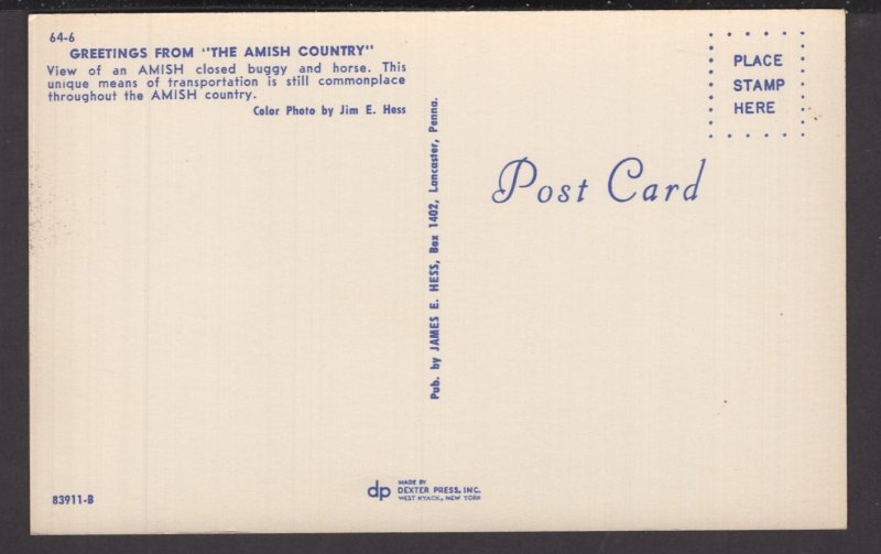 Greetings from The Amish Country Pennsylvania - Amish closed Buggy and Horse