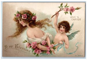 1912 Valentine Pretty Woman Tie Angel Flowers Loves Captor Jamestown NY Postcard