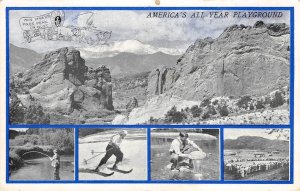 PIKES PEAK Colorado Springs Fishing Skiing Gold Panning c1940s Vintage Postcard