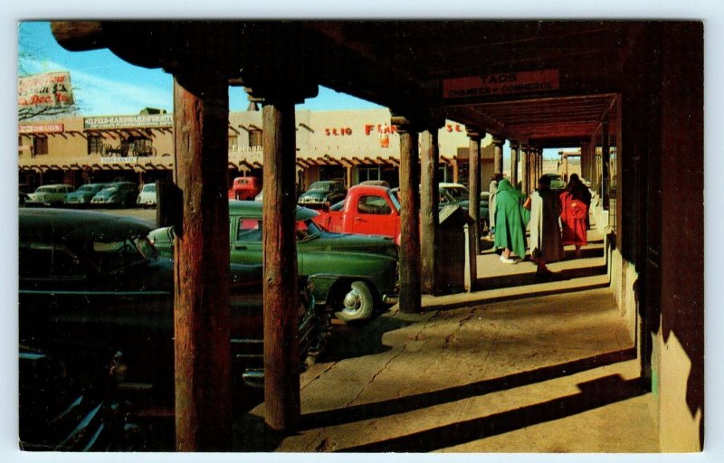 TAOS, NM New Mexico ~Historic  PLAZA SCENE ~  c1950s Cars  Postcard