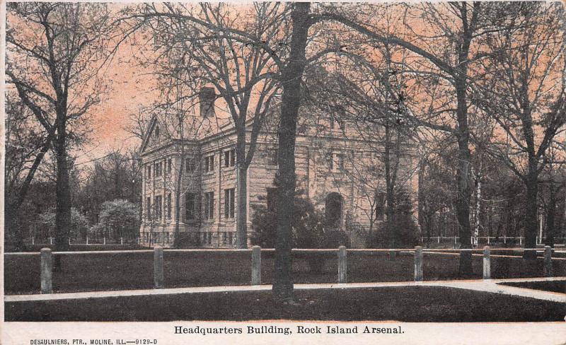 Headquarters Bldg., Rock Island, Arsenal, Illinois, Early Postcard, Used in 1910