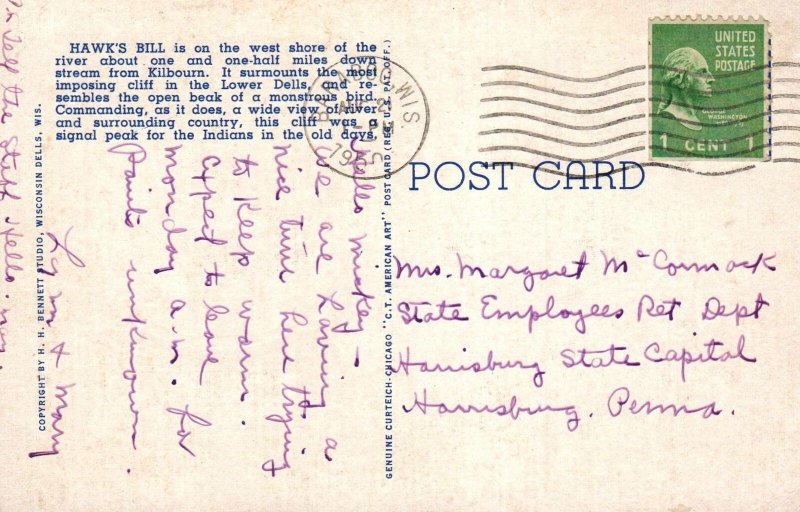 VINTAGE POSTCARD HAWK'S BILL AT THE DELLS OF THE WISCONSIN RIVER MAILED 1950