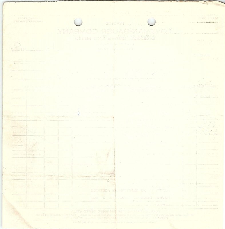 1938 LOVEMAN-BAUER CO. CLEVELAND OH DRESSES COATS SUITS BILLHEAD INVOICE Z1067