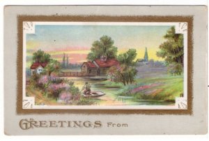 Rural Village Scene, Greetings From..., Antique Embossed Postcard 