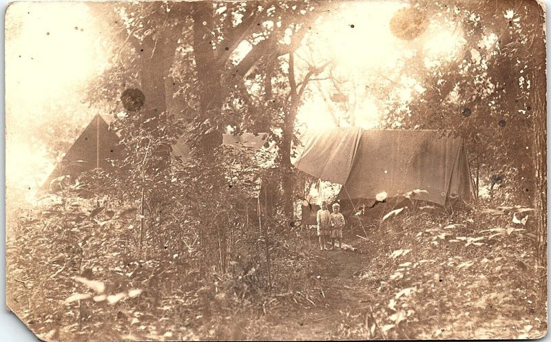 1930s CHILDREN AT TENT IN WOODS EARLY CAMPING HOMELESS RPPC POSTCARD  43-146