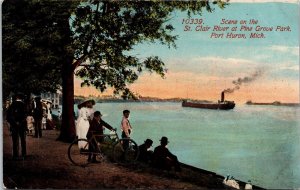 Scene St Clair River Pine Grove Park Prot Huron Michigan MI Antique Postcard UNP 