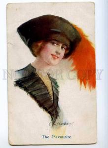 245322 Lady HAT Red Plumage by CW BARBER Vintage Carlton PC