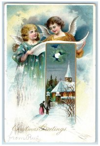 1905 Christmas Greetings Angels Church Winter Hartford CT Antique Postcard