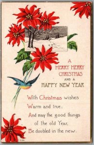 Vintage MERRY CHRISTMAS / Happy New Year Postcard Poinsettia Flowers - 1920 