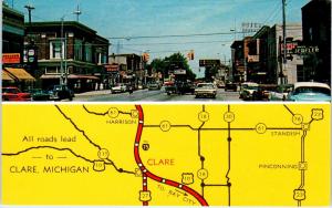 CLARE, MI Michigan    STREET SCENE  1962   50s & 60s Cars   &  Map     Postcard