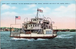 Ferry Boat 'Agoming' Sault Ste Marie Michigan Ontario Ship Linen Postcard H54