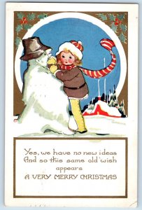 Christmas Postcard Little Girl Snowman With Hat Embossed South Pomfret VT 1925