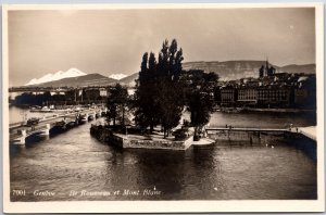 Geneve- Ile Rousseau et Mont Blanc Switzerland RPPC Real Photo Postcard