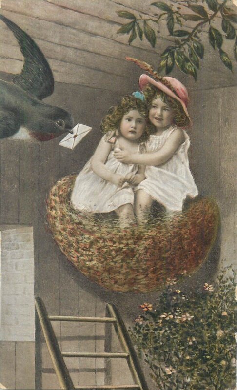 Swallow bird nest charming girls surrealism unit of 2 vintage fantasy postcards 