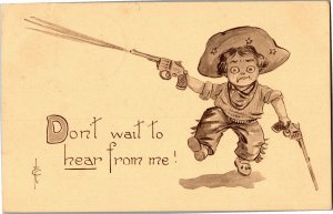 Little Boy Cowboy Guns Don't Wait to Hear Frederic Cavally c1912 Postcard A29