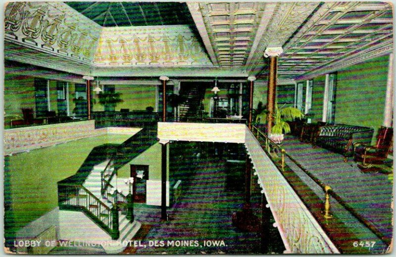Vintage DES MOINES, Iowa Postcard Lobby of WELLINGTON HOTEL w/ 1908 Cancel