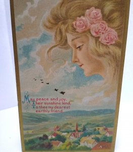 Fantasy Postcard Giant Blonde Goddess In Clouds Looks Down On Village CC No57