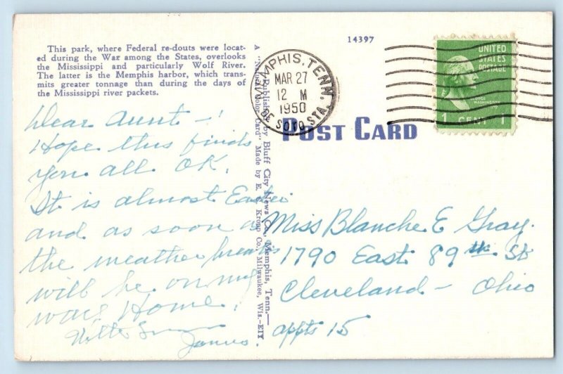 Memphis Tennessee TN Postcard Confederate Park Post Office 1950 Vintage Antique